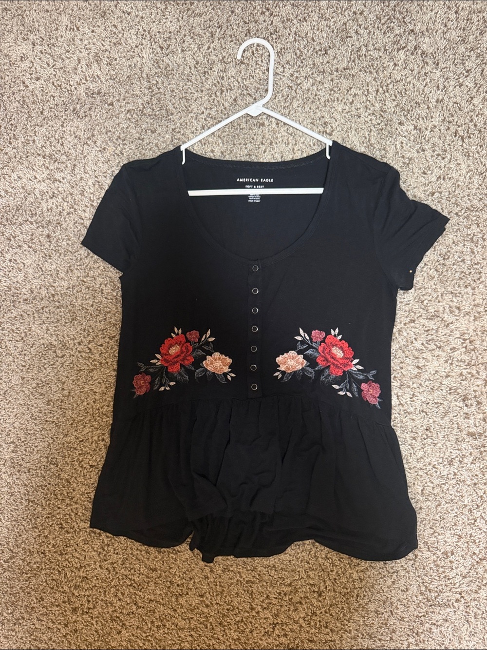 American Eagle Outfitters Black Short Sleeve Top with Floral Embroidery